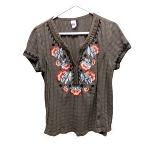 Anthropologie Akemi Kin Dandelion Embroidered Tee Floral Green Top XL